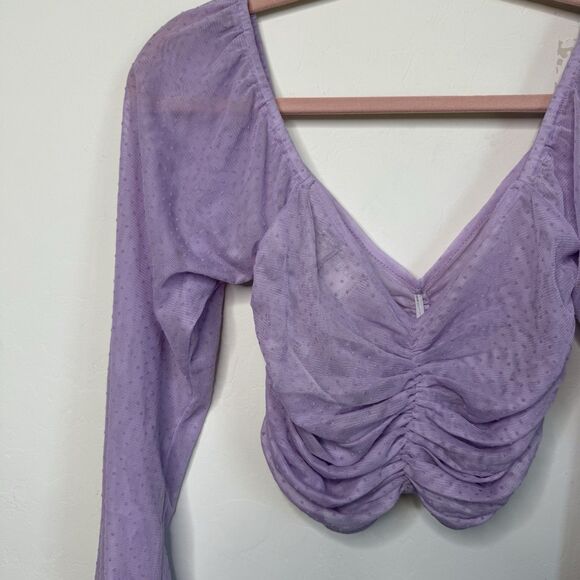 ASOS Size 4 Purple Ruched Sheer Swiss Dot Long Sleeve Crop Top - Picture 8 of 14